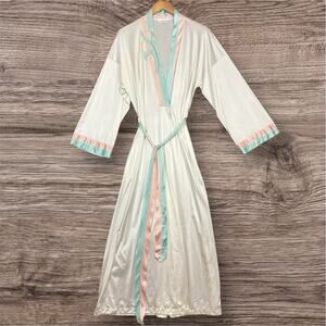 Vintage Vanity Fair Pastel Satin Trim Long Nylon Robe Kimono Sleeve M Made USA
